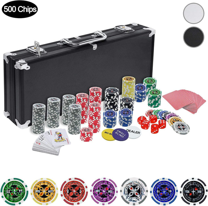 YUENFONG Pokerkoffer Pokerset Schwarz mit 500 hochwertigen Laser Pokerchips, inkl. 2 Pokerdecks, 1 D