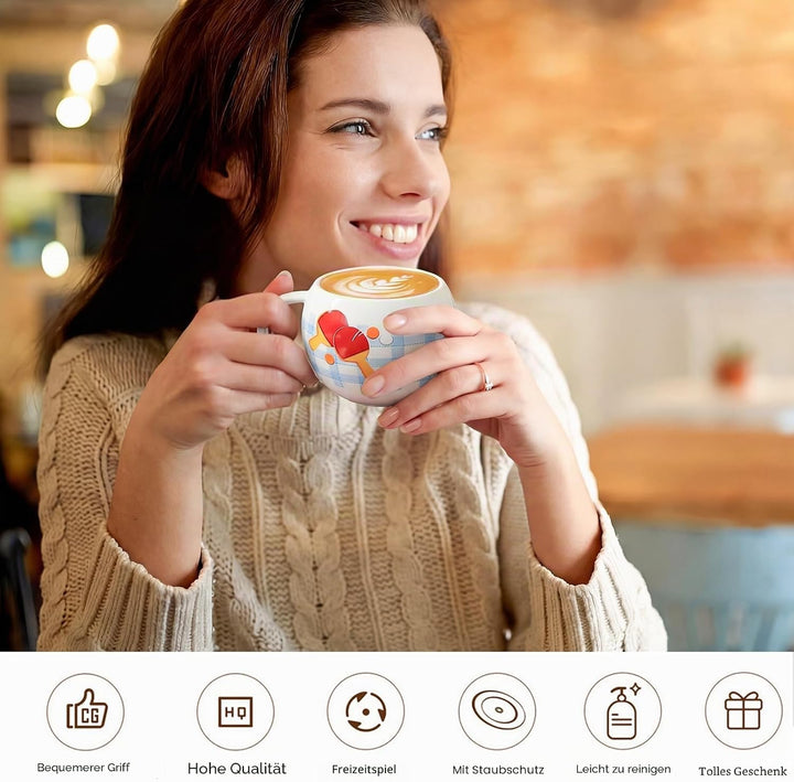 Lustige Tischtennis Kaffeetasse, Pingpong Keramik Becher, Ballform Cappuccino Tassen mit Deckel, Ges