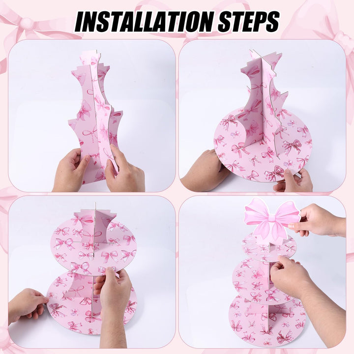 Schleife 3 Etagen Cupcake Ständer aus Karton, Kokette Cupcake Ständer Rosa Dickes Papier Cupcake Tur