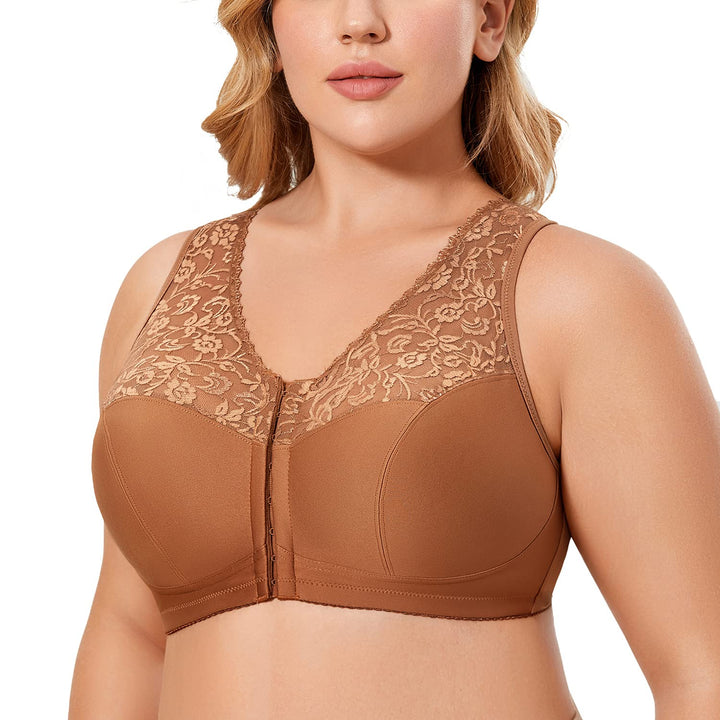 DELIMIRA Damen BH mit Vorderverschluss ohne Bügel Grosse Grössen Spitzen BH 75D Muskatnussbraun, 75D