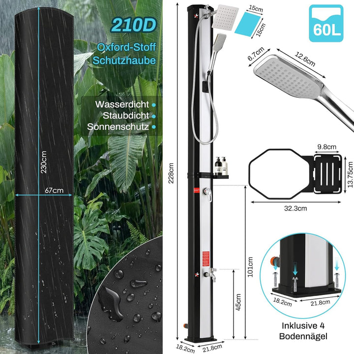 Solardusche, Solar Gartendusche 60 Liter inkl. Handbrause, 360° Duschkopf, Fussdusche, Gartenschlauc