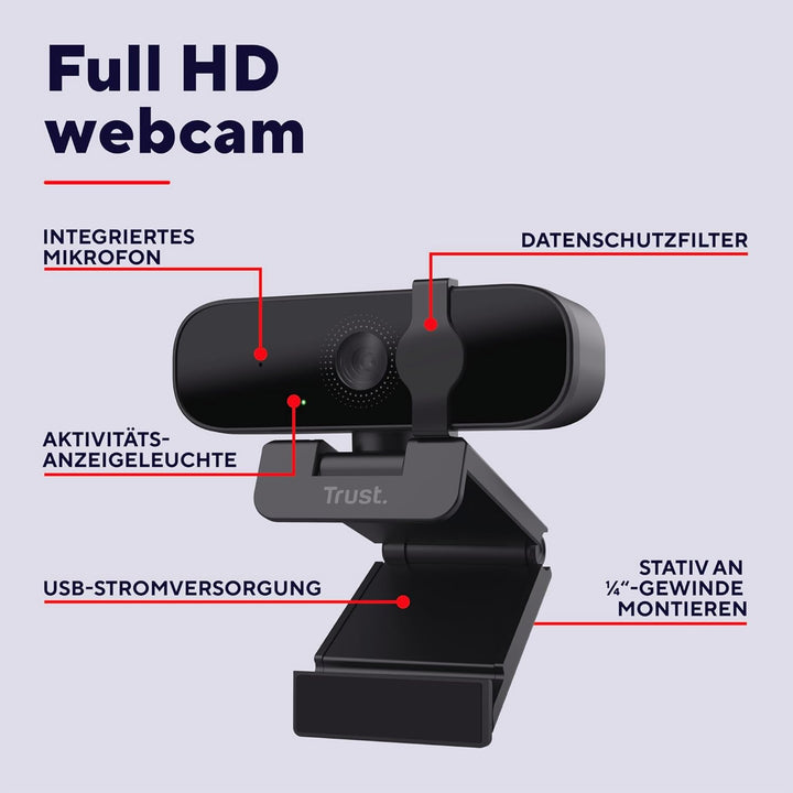 Trust Oran 1080p Webcam PC, Full HD USB Web Cam mit Blickschutzfilter, PC Kamera mit Mikrofon, Fixfo