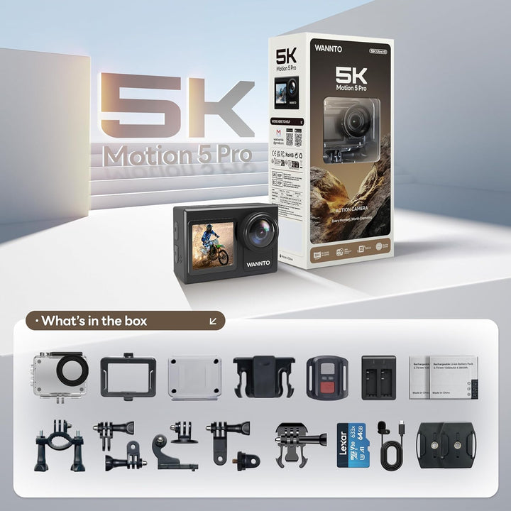 WANNTO Action Cam 5K 24MP Motion 5 Pro 40M Unterwasserkamera Ultra HD Touchscreen 170 ° Weitwinkel,