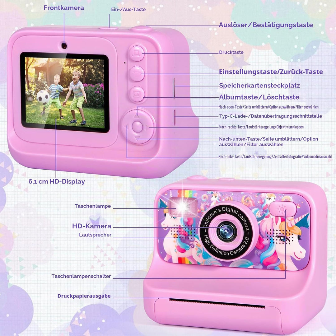 Sofortbildkamera Kinder, 1080P HD Sofortdruck von Fotos, 2,4 Zoll Bildschirm Kinderkamera Sofortbild
