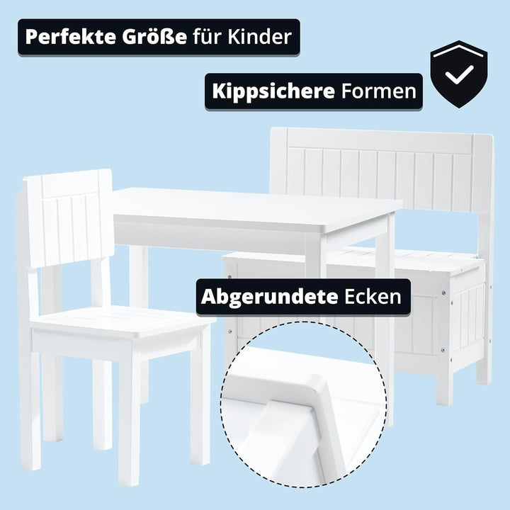 KHG Kinder-Möbel Set mit Tisch, Bank & Stuhl weiss Landhaus für Kinderzimmer, Pflegeleichte Oberfläc
