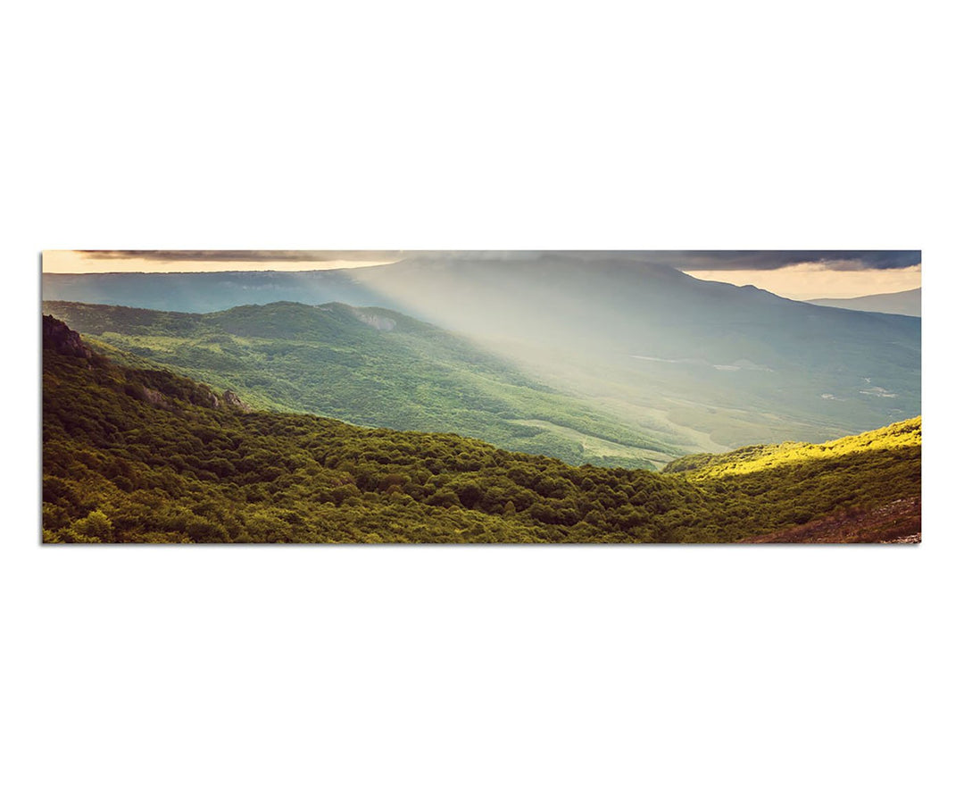 Paul Sinus Art Panoramabild auf Leinwand und Keilrahmen 150x50cm Krim Landschaft Berge Wald Wolkenhi