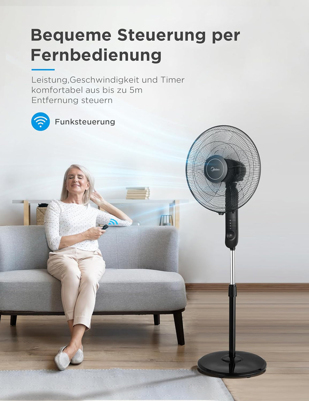 Midea FS40-15FR Standventilator Leise mit Fernbedienung,3 Geschwindigkeitsstufen,LED Anzeige, 7,5H T