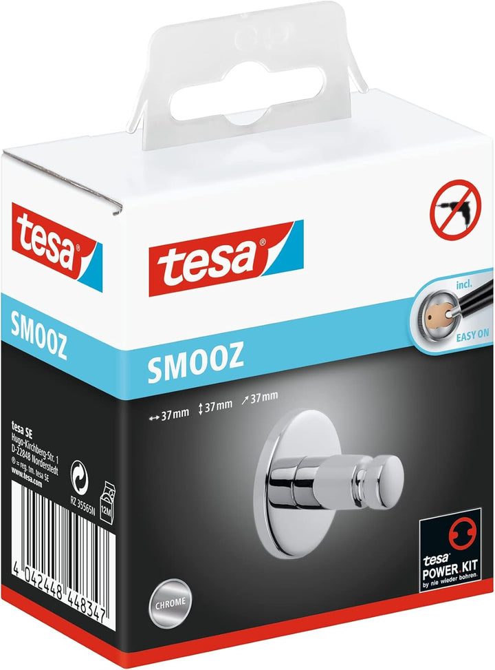 tesa SMOOZ Klebehaken, verchromt, runde Form - Bad-Haken zur Wandbefestigung ohne Bohren, inkl. Kleb