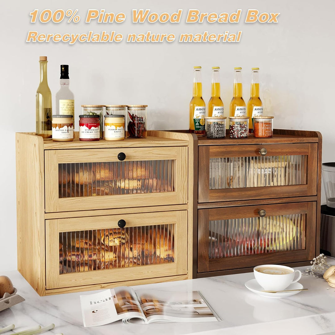 Brotkasten Holz, 2 Etagen Gross Brotbox mit Belüftungsloch, Längere Frische & Einfache Pflege, Küche