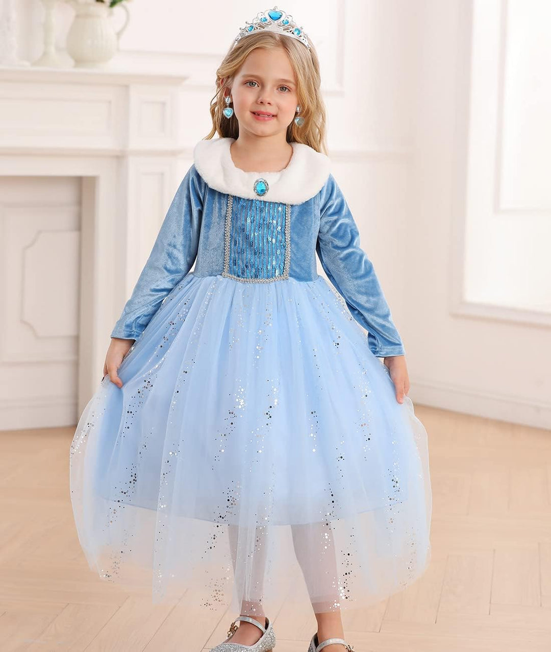 Snyemio Elsa Kostüm Mädchen Prinzessin Eiskönigin Kinder Kleid Eisprinzessin Verkleidung Langarm für