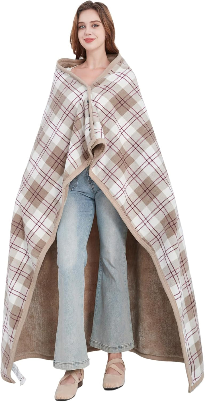 Damen Poncho Fleece Tragbare Decke, Karierte Schossdecke Bequemer Poncho Plüschdecken Überwurf Schal