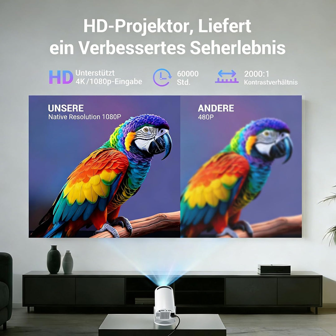 Mini Beamer,4K 1080P Smart Beamer,Projektor Tragbarer mit WiFi 6 und Bluetooth 5.4,Auto Trapezkorrek