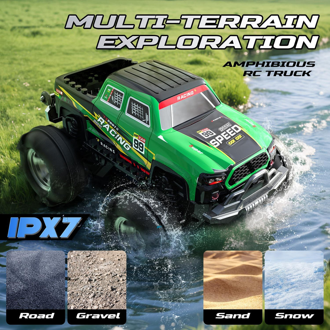 DEERC Amphibischer RC-Monstertruck/Boot, IPX7 wasserdichtes ferngesteuertes Auto mit Gestensteuerung