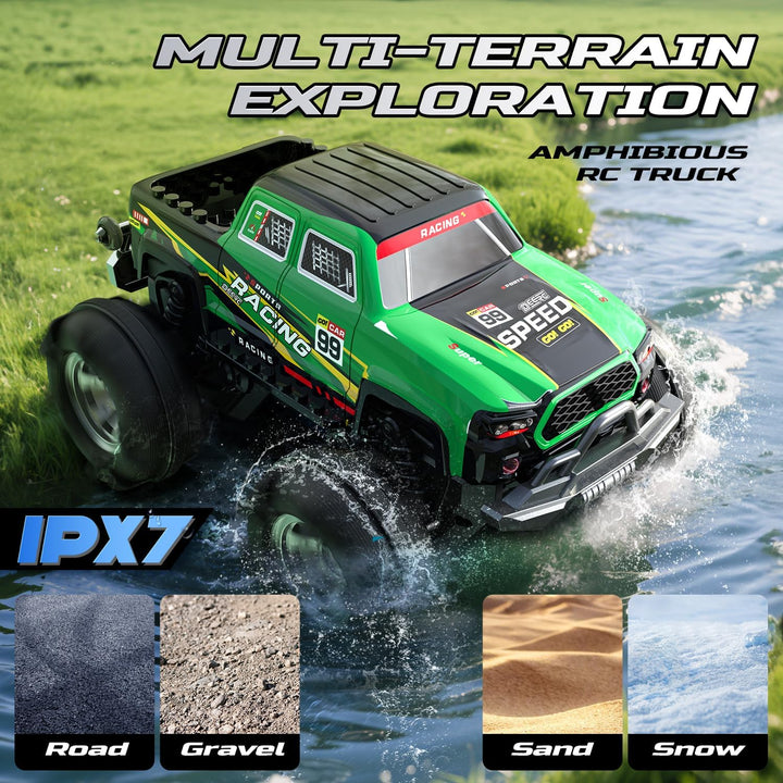 DEERC Amphibischer RC-Monstertruck/Boot, IPX7 wasserdichtes ferngesteuertes Auto mit Gestensteuerung