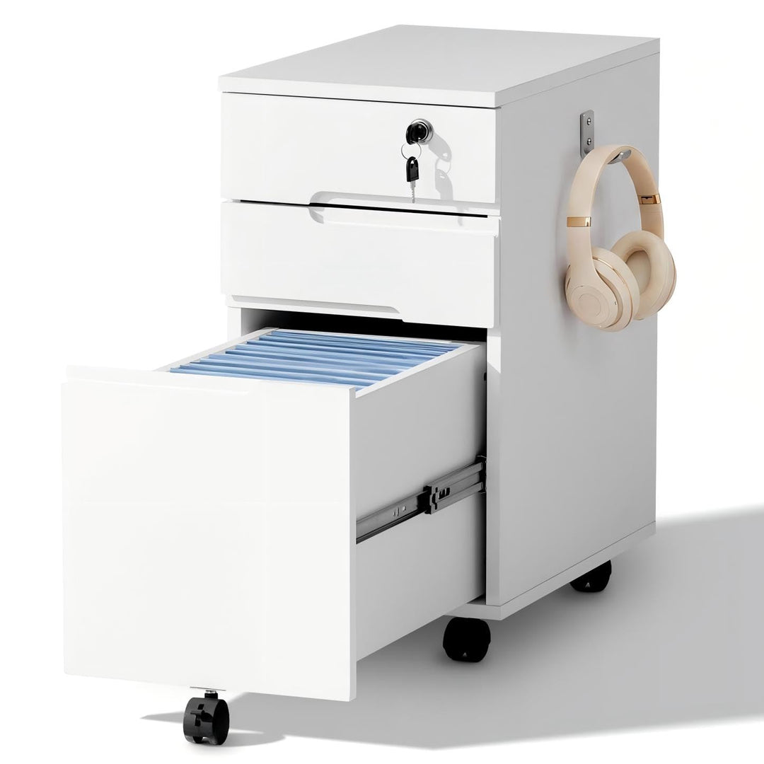 CLIPOP Rollcontainer abschliessbar, 3 Schubladen, 5 Rollen，30*45*60cm Holz | Für A4/Letter, Hängereg