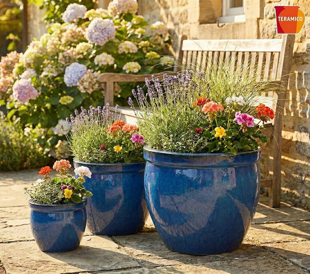 Pflanzgefäss Blumentopf Übertopf Fleur de LYS mit Lilie Keramik Blau Weiss Grau glasiert absolut Fro