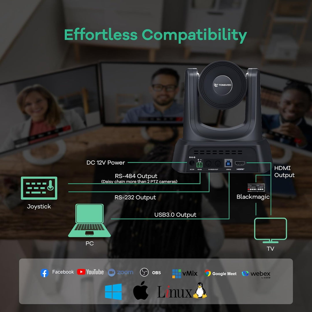 TONGVEO PTZ Konferenzkamera mit KI-Auto-Tracking, 12X optischem Zoom, Weitwinkel, 1080P/60fps (HDMI/