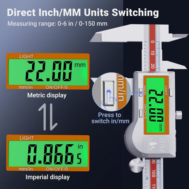 Preciva Digitaler Messschieber 150mm IP54 - Elektronische Schieblehre aus Edelstahl mit LCD Display,