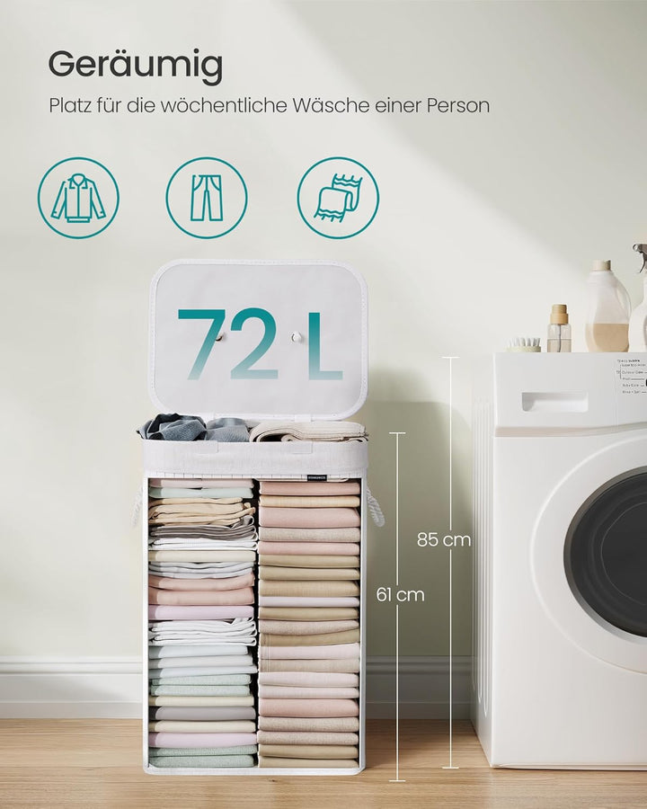 SONGMICS Wäschekorb mit Deckel, 72 l, Wäschekorb aus Bambus, faltbar, mit abnehmbarem waschbarem Wäs