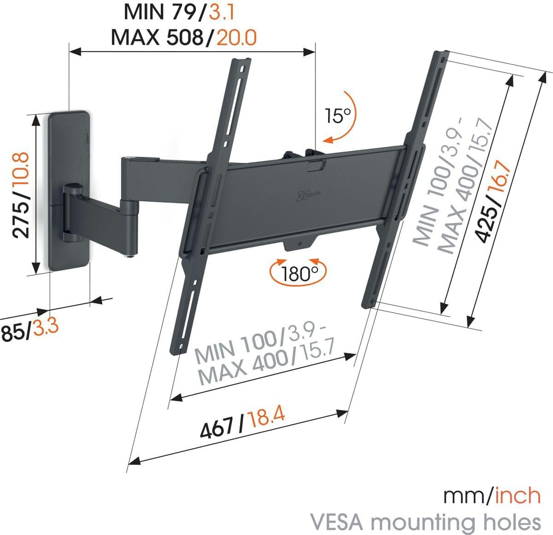 Vogel's Quick TVM 1445 Schwenkbare TV-Wandhalterung für 32-65 Zoll Fernseher, Max. 25 kg, Schwenkbar