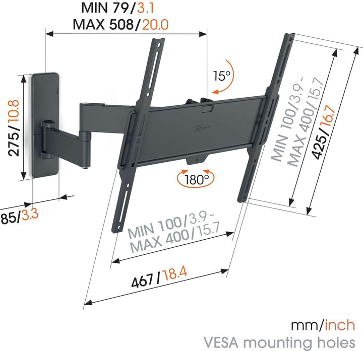 Vogel's Quick TVM 1445 Schwenkbare TV-Wandhalterung für 32-65 Zoll Fernseher, Max. 25 kg, Schwenkbar