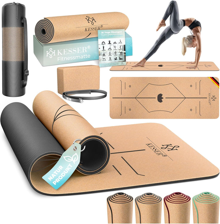 KESSER® Yogamatte Kork Inkl. Tragegurt Tasche & Yoga-Block Gymnastikmatte Yoga Matte rutschfest aus