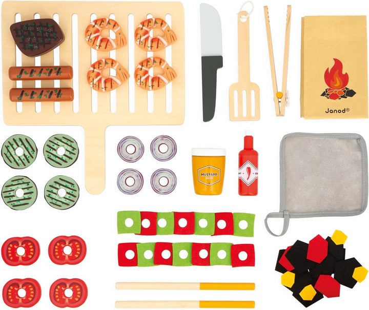 Janod - Grill aus Holz - Rollenspielzeug Küche und Puppengeschirr für Kinder - Inklusive 57 Zubehört
