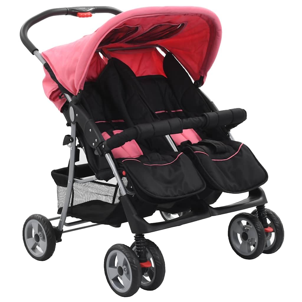 vidaXL Zwillingswagen Kinderwagen Geschwisterwagen Zwillingsbuggy Baby Kleinkinder Rosa Schwarz Stah