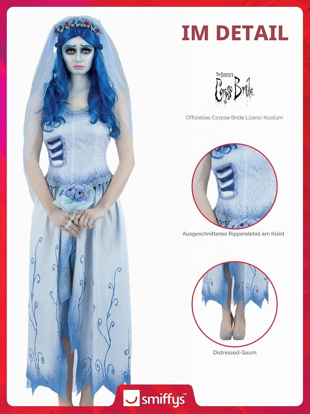 Smiffys Corpse Bride Emily Kostüm für Erwachsene, Kleid und Stirnband mit Schleier, offiziell lizenz