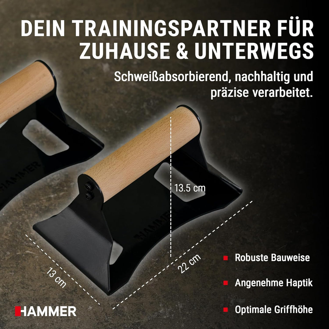 HAMMER Liegestützgriffe NorsK, 2er Set, Push Up Bars Buchenholz, rutschfest, ergonomische Griffhöhe,