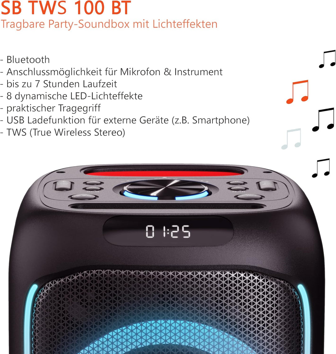 Mobile Beat SB-TWS 100 BT Soundbox, bis zu 7h Laufzeit, LED-Lichtefeekte, praktischer Tragegriff, Ak