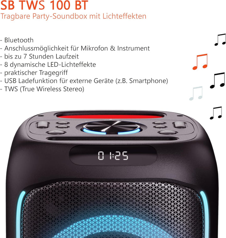 Mobile Beat SB-TWS 100 BT Soundbox, bis zu 7h Laufzeit, LED-Lichtefeekte, praktischer Tragegriff, Ak