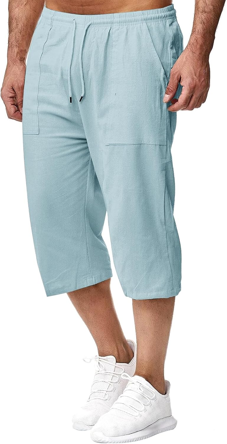 Herren Leinen-Shorts 3/4 Länge Hosen Sommerhose Strand Yoga Jogger Casual Sweatpants Hellblau S, Hel