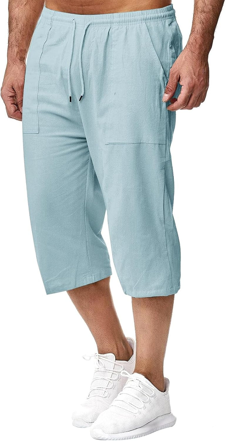 Herren Leinen-Shorts 3/4 Länge Hosen Sommerhose Strand Yoga Jogger Casual Sweatpants Hellblau S, Hel