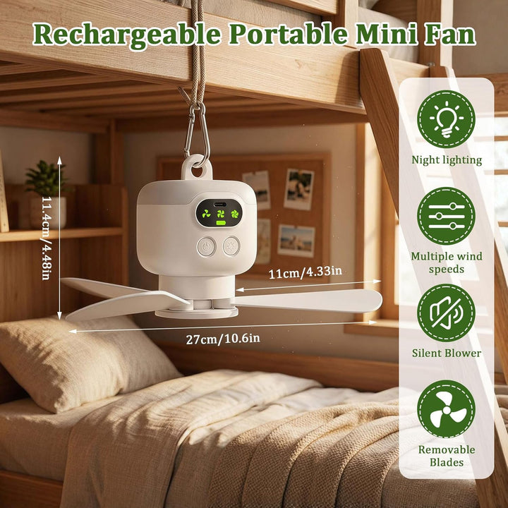 Mini Deckenventilator mit Beleuchtung und Fernbedienung für Camping | Wiederaufladbar 8000mAh Campin
