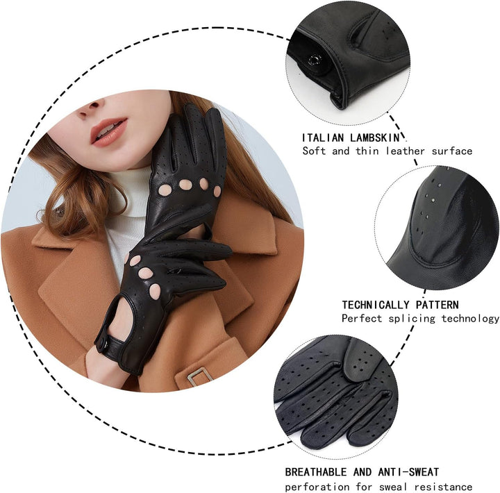 ZLUXURQ Damen Retro Weiche nd Dünne Ausgezeichnete Lammfell Leder Qualität Touchscreen Fahrhandschuh