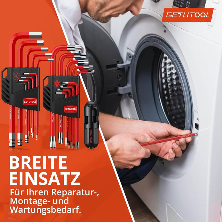 GETLITOOL Innensechskant Satz, 18tlg. Innensechskantschlüssel Kugel HX 1,5mm-10mm & Torx Winkelschlü
