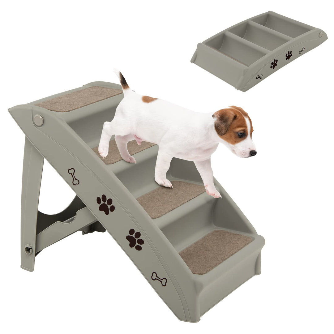 COSTWAY 4-stufige Haustiertreppe mit Teppichboden, Hundetreppe Kunststoff Katzentreppe faltbar, Hund