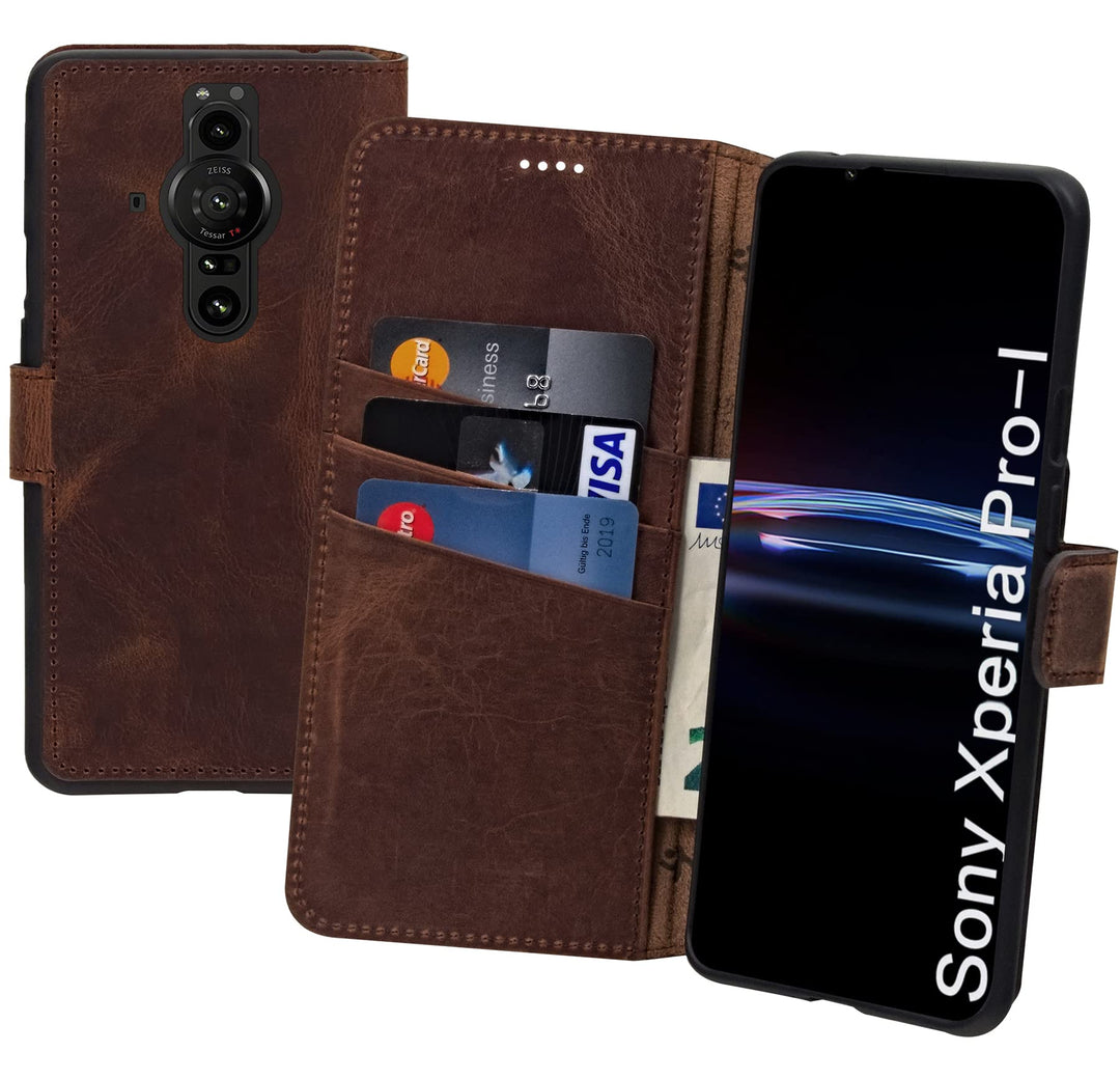 Suncase Book-Style Hülle kompatibel mit Sony Xperia Pro-I Leder Tasche (Slim-Fit) Lederhülle Handyta