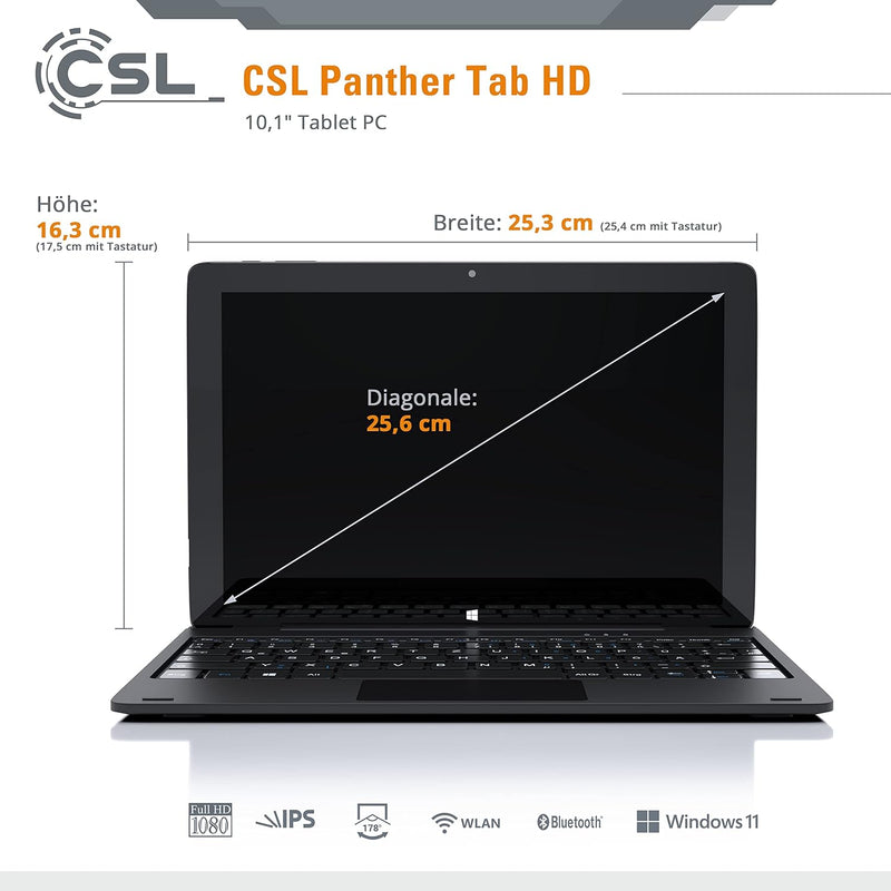 Tablet CSL Panther Tab HD Windows 11 Pro mit Tastatur, 10,1 Zoll 1920x1200 IPS, Intel N4120 CPU 4x26