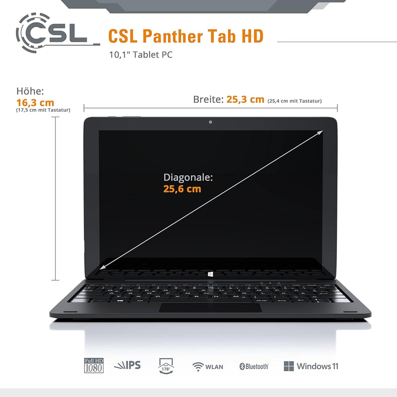 Tablet CSL Panther Tab HD Windows 10 Pro mit Tastatur, 10,1 Zoll 1920x1200 IPS, Intel N4120 CPU 4x26