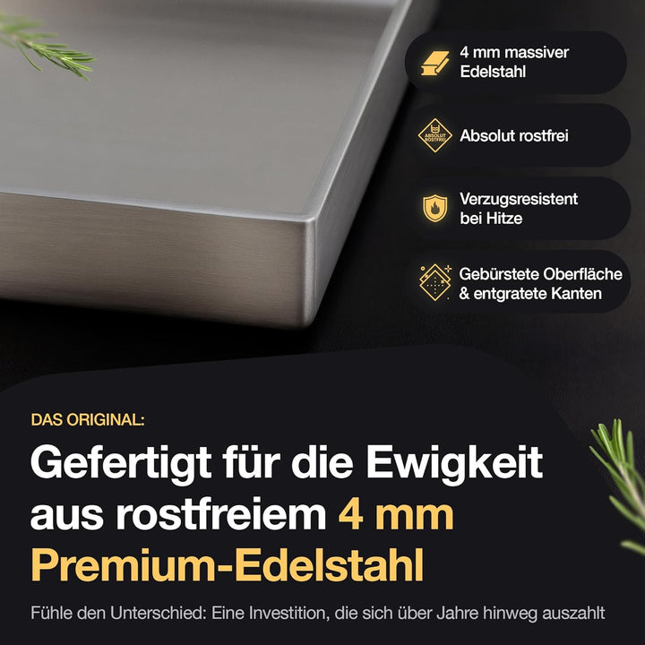 NTG - Grillplatte aus 4mm rostfreiem Edelstahl [40 x 30cm] - Plancha mit Fettablauf und Grillspachte