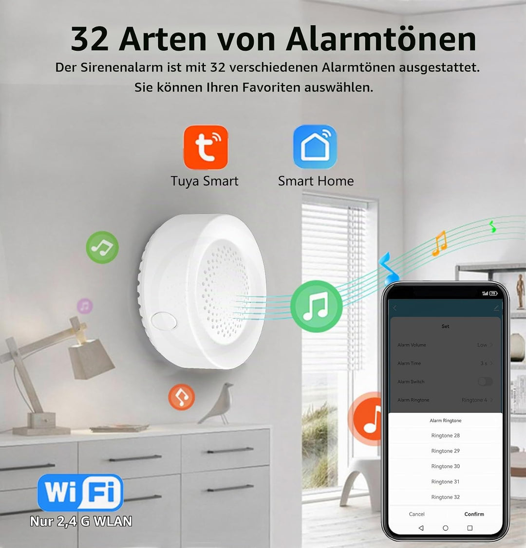 Smart Sirenenalarm, lautstark 100dB, kabelloser Alarm für Tür-Fenster-Sensor, 32 Arten von Alarmton