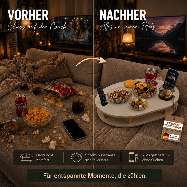 Couchbar Snackbox in weiss mit 4 Glasschalen - Sofabar für Snacks und Getränke - Getränkehalter für