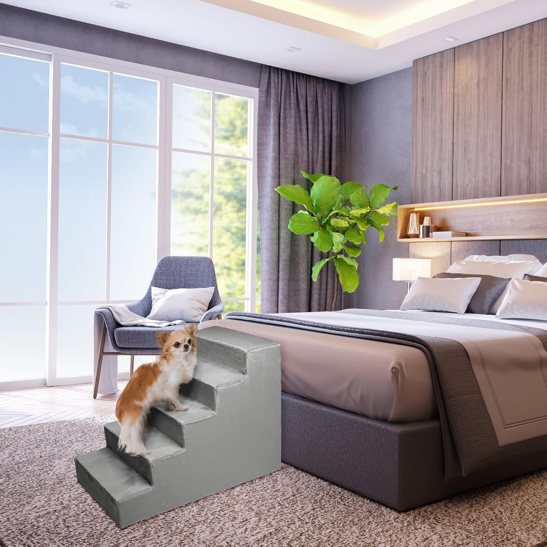 Mg Design Hundetreppe 5 Stufen in Silber – Stabiler Holzrahmen, gelenkschonend, leicht &amp; mobil, für