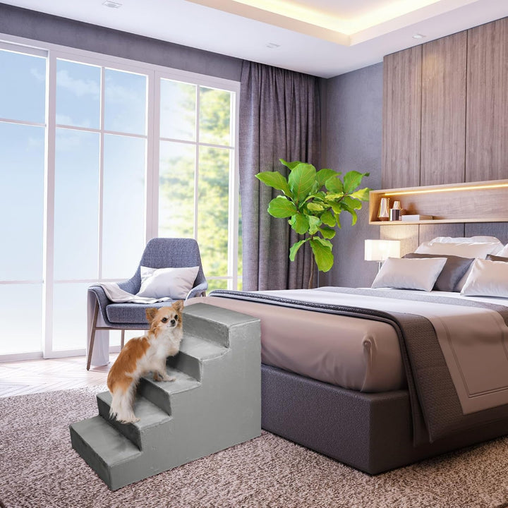 Mg Design Hundetreppe 5 Stufen in Silber – Stabiler Holzrahmen, gelenkschonend, leicht &amp; mobil, für