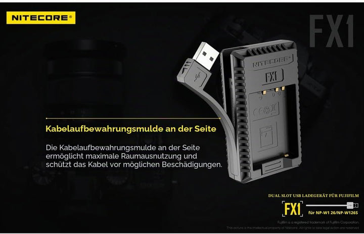 Nitecore FX1 Compacte Dubbel Lader voor Fujifilm NP FW126 (S) + USB, Schwarz Fuji W126/s, Fuji W126/
