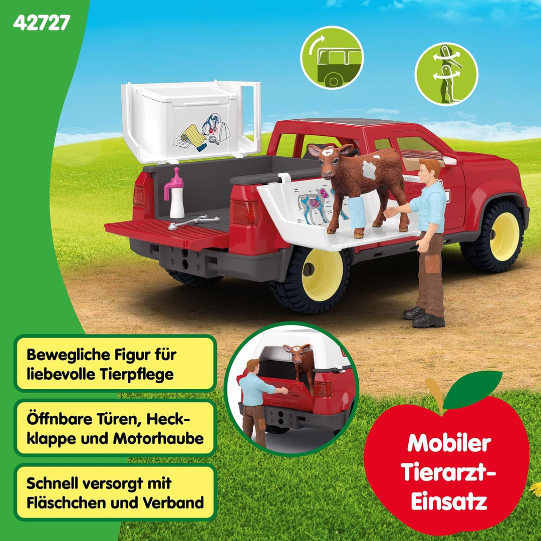 schleich FARM WORLD | Tierarzteinsatz auf dem Bauernhof 42727 | Set inkl. Pick-up, Tierarzt, Kuh & Z