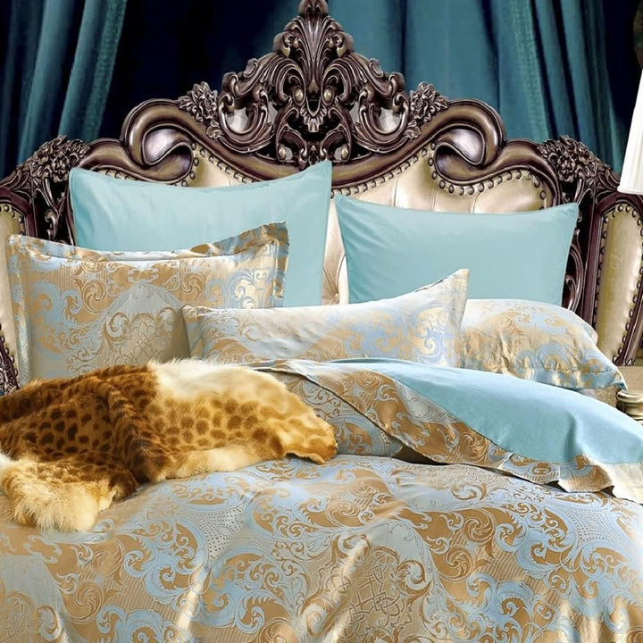DXHOME Bettwäsche 155x220 cm Gold Blau Satin Wendebettwäsche Jacquard Bettwaesche mit Golden Blumen