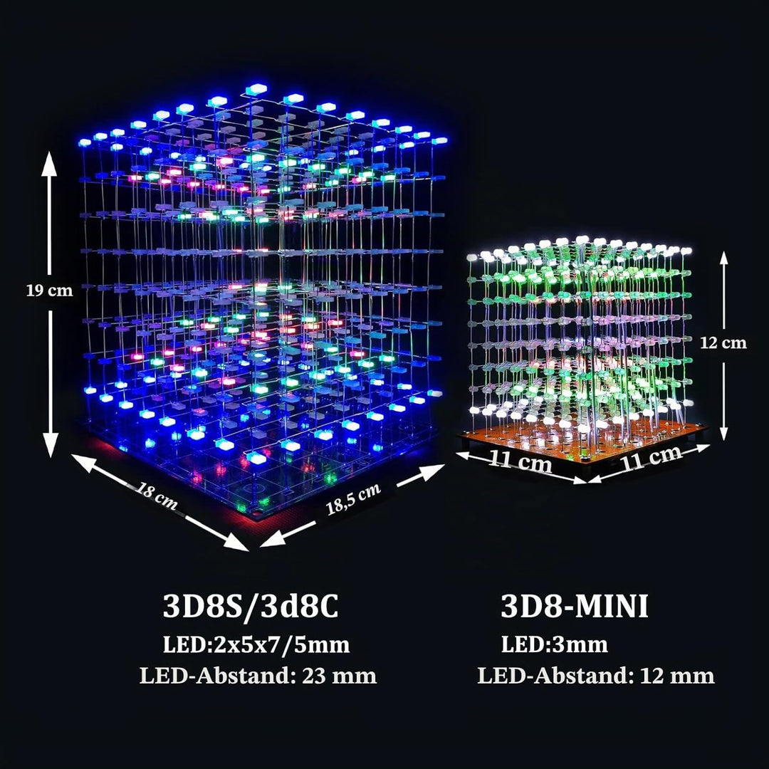 Mini-3D-LED-Würfel, DIY-Elektronik-Set, Löt-Projekt-Kit (3D8MINI-MULTI-KIT), 3d8mini-multi-kit